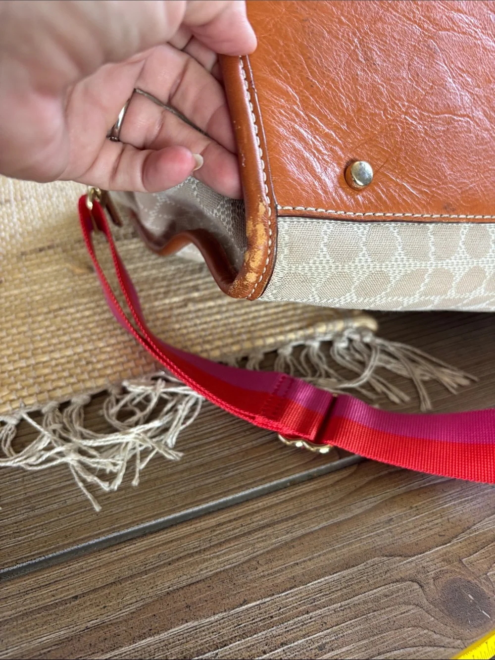 kate spade Beige Monogram Travel Tote with Pink and Red Stripe